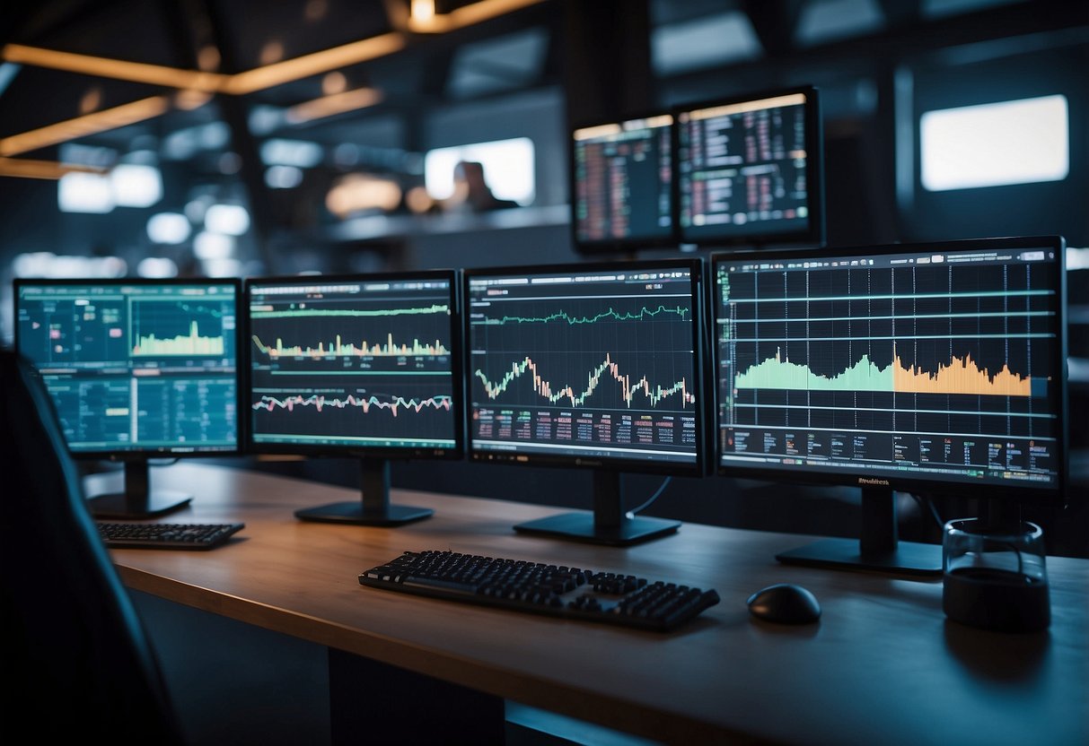 A bustling digital marketplace with charts, graphs, and news feeds displaying real-time cryptocurrency data. Multiple screens and devices show fluctuating prices and market trends