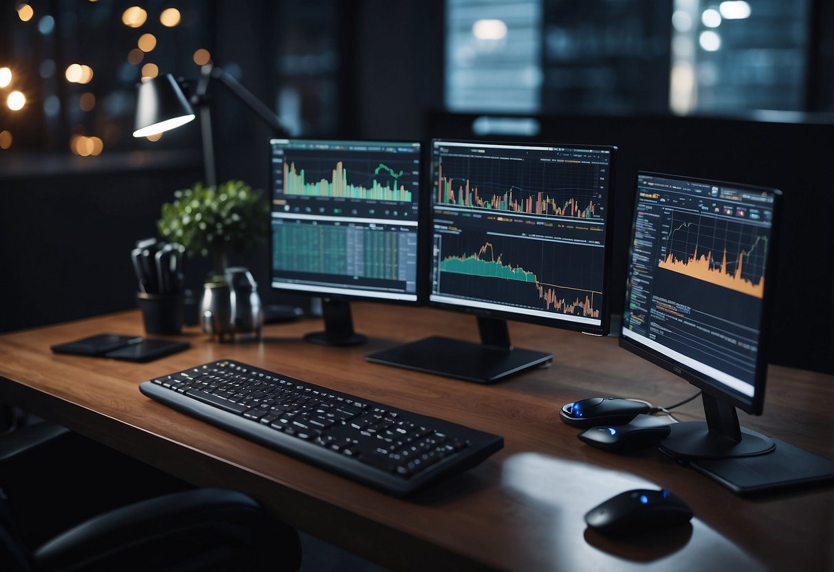 A desk with a computer, charts, and graphs. A person analyzing market data on cryptocurrency