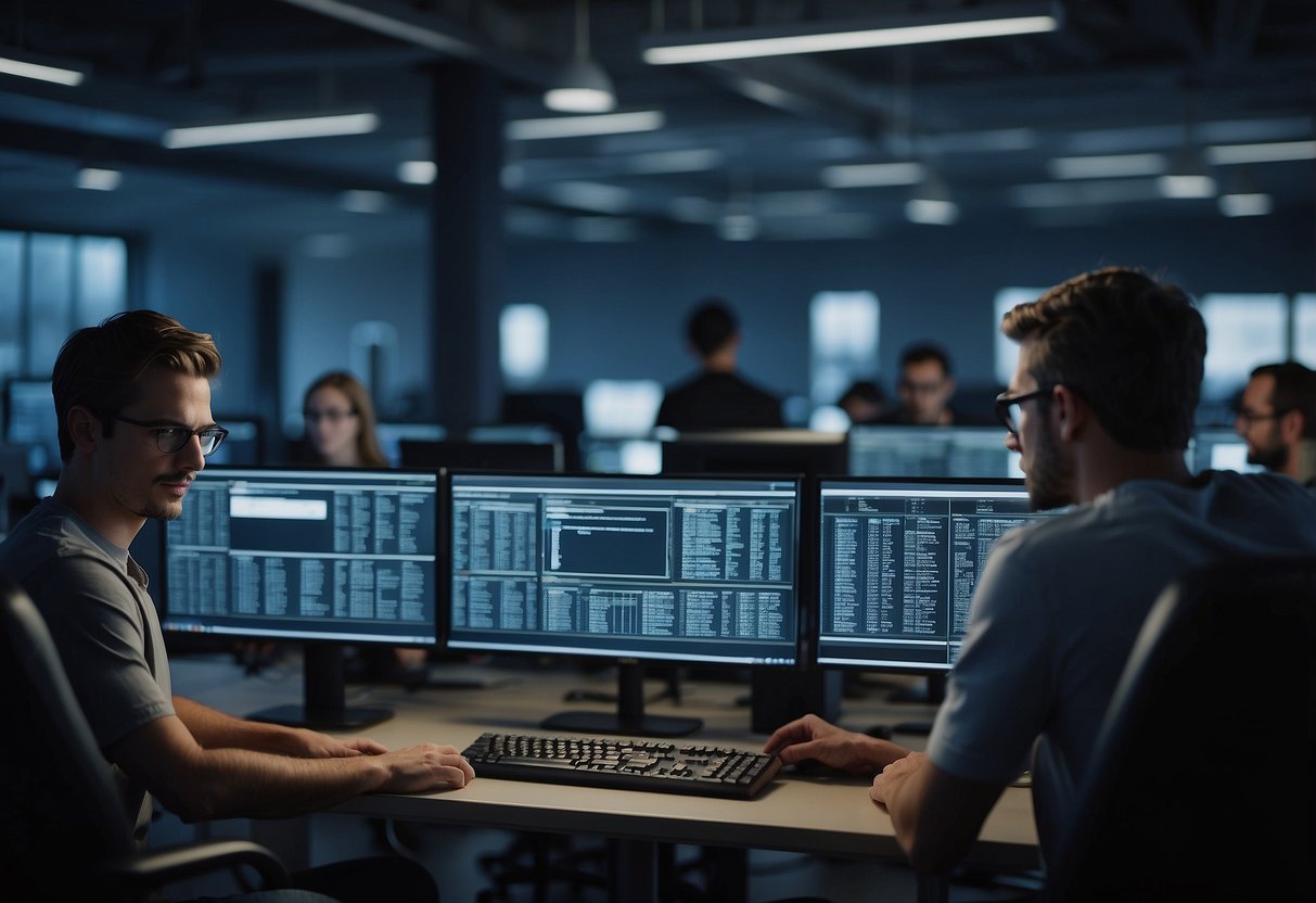 A group of developers testing cryptocurrency code on multiple computers in a lab setting