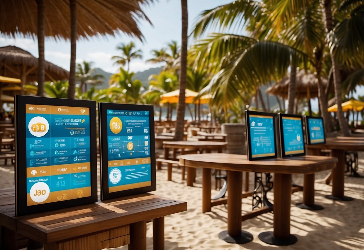 A beach resort with digital currency logos on signs and menus, tourists using cryptocurrency to pay for activities and accommodations, and a blockchain network connecting different travel services