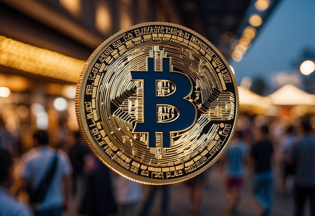 Cryptocurrency logos floating above a bustling tourist market, with digital transaction symbols replacing traditional payment methods