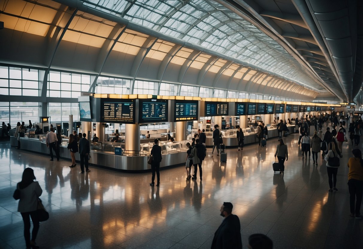 A bustling airport with tourists using cryptocurrency to book flights and hotels, while vendors accept digital payments. The vibrant scene showcases the changing landscape of the tourism industry