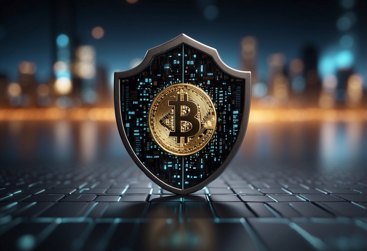 Cryptocurrencies and data protection evolution: A digital lock symbol morphs into a shield, surrounded by binary code and blockchain technology