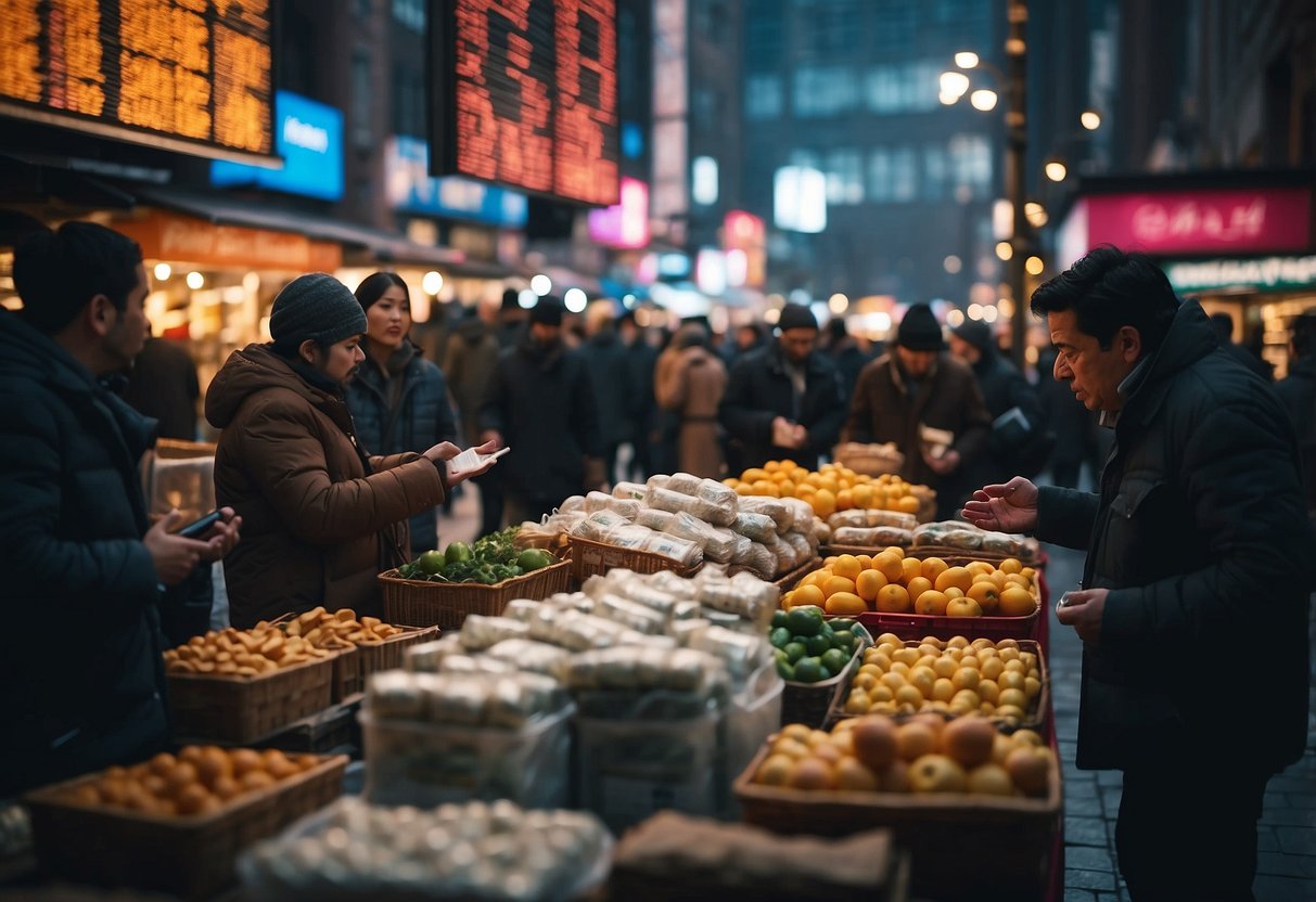 A bustling marketplace with fluctuating prices and people exchanging traditional currency for digital assets. The backdrop shows rising inflation and economic uncertainty