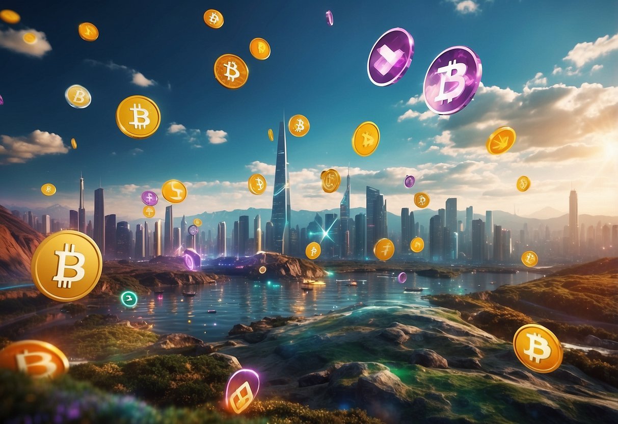 A colorful and futuristic digital landscape with various cryptocurrency symbols floating in the air, representing the evolution and impact of cryptocurrencies on the collaborative economy