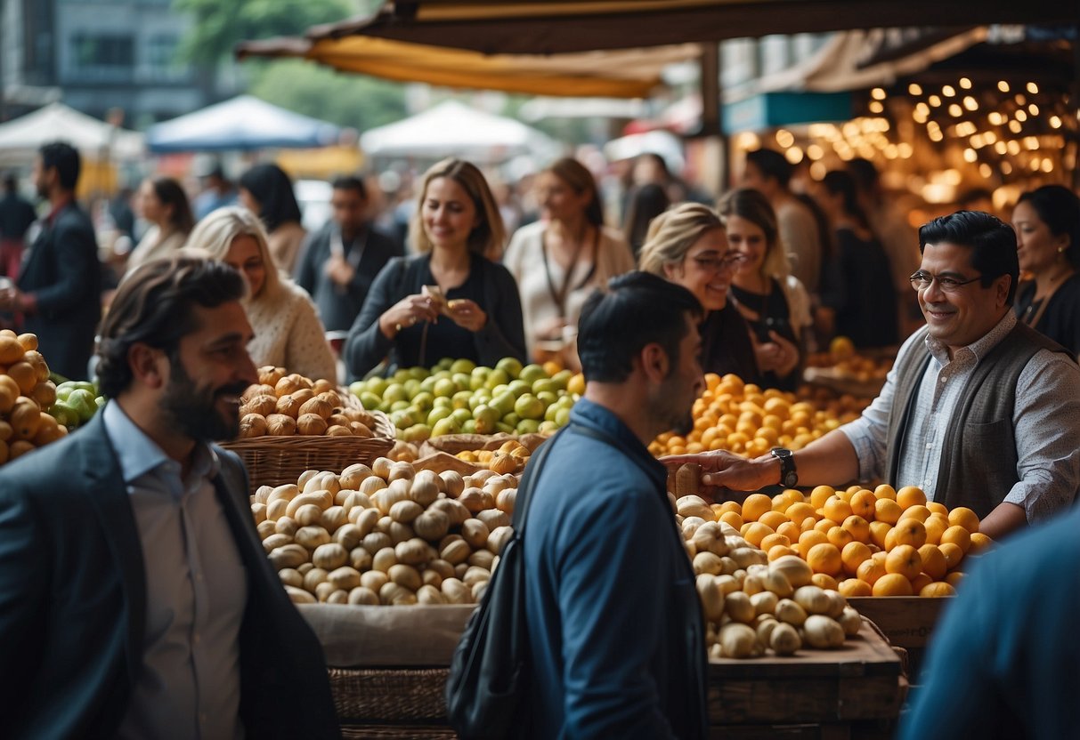 A bustling marketplace with various vendors and customers exchanging goods and services using virtual cryptocurrencies, illustrating the impact of collaborative economy and digital currencies