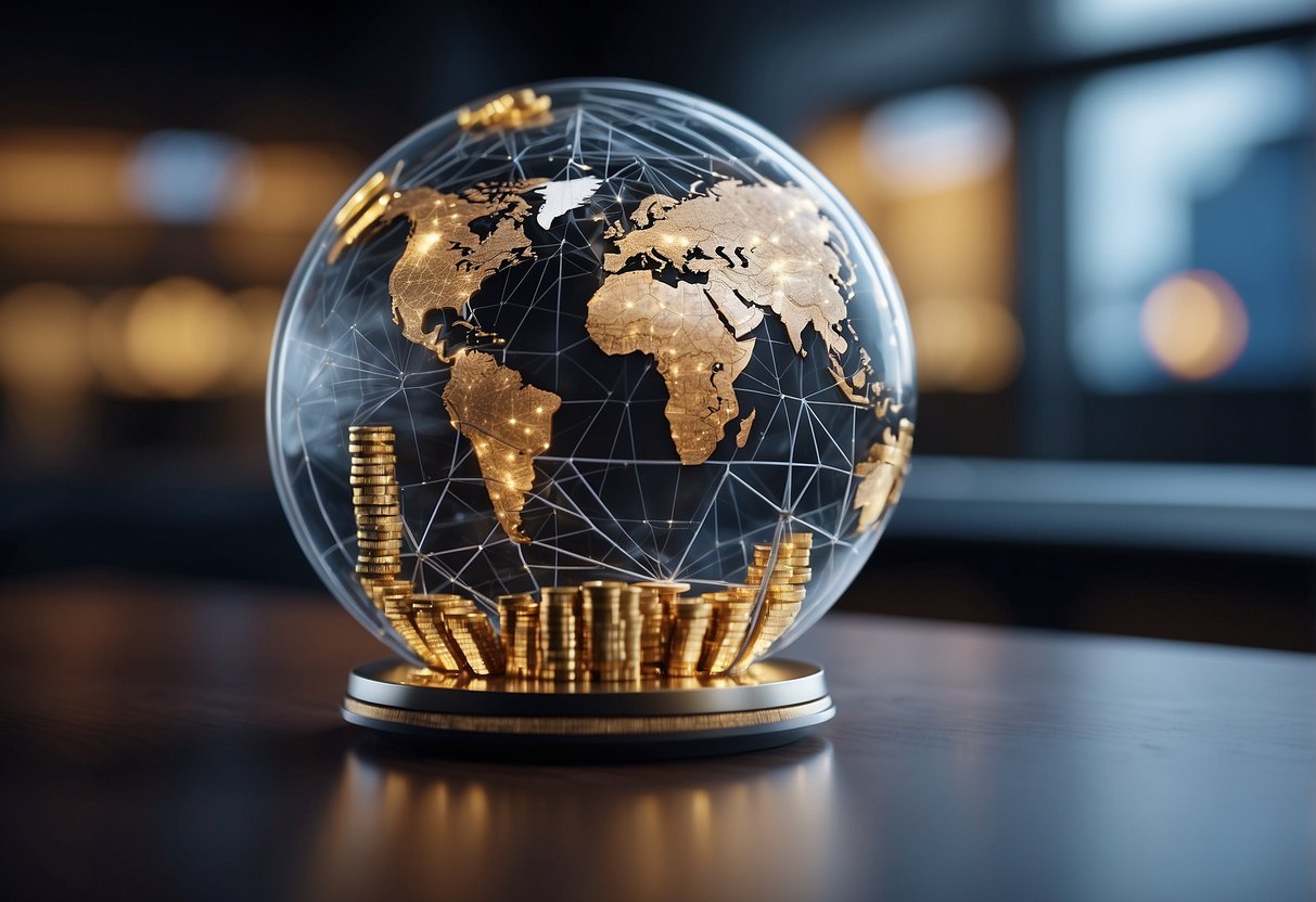 Cryptocurrency logos and symbols floating above a globe, connecting countries with digital lines for international transfers