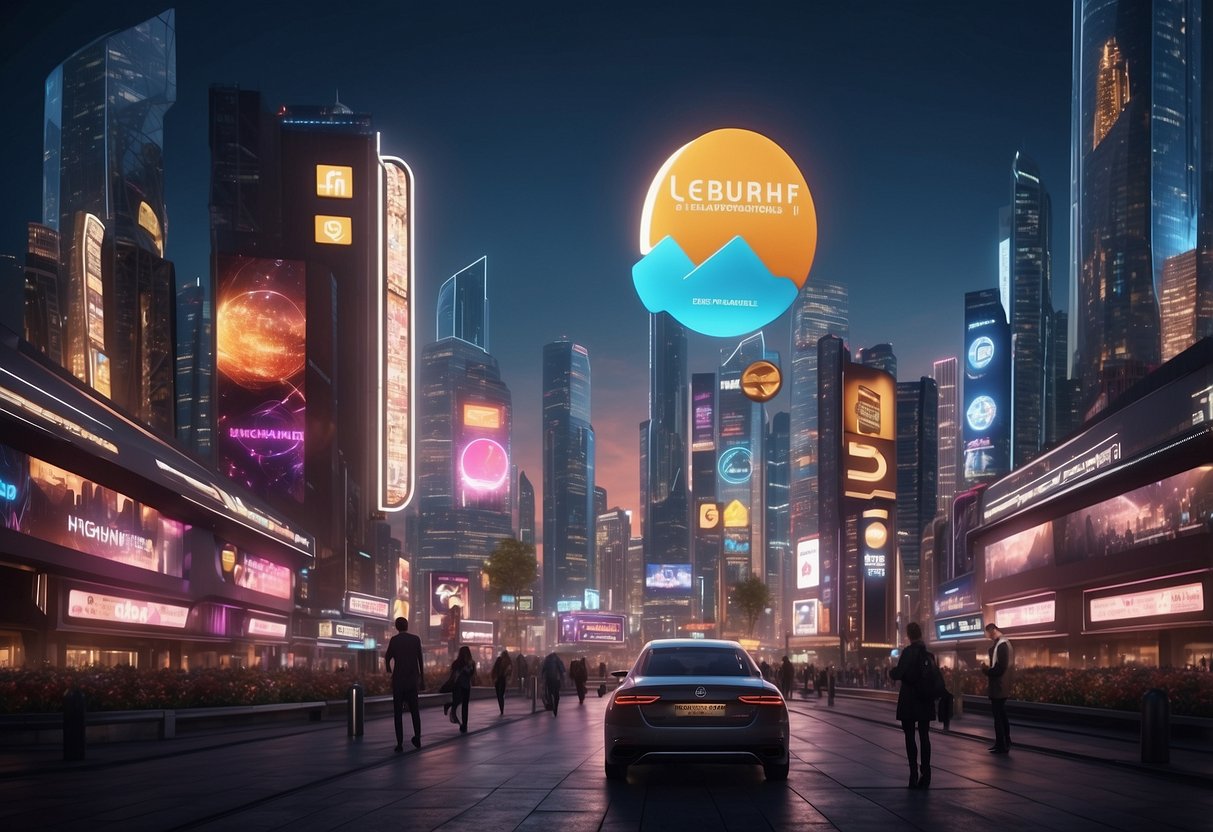 A futuristic cityscape with digital billboards showcasing various cryptocurrency logos and advertising platforms, surrounded by advanced technology and glowing neon signs