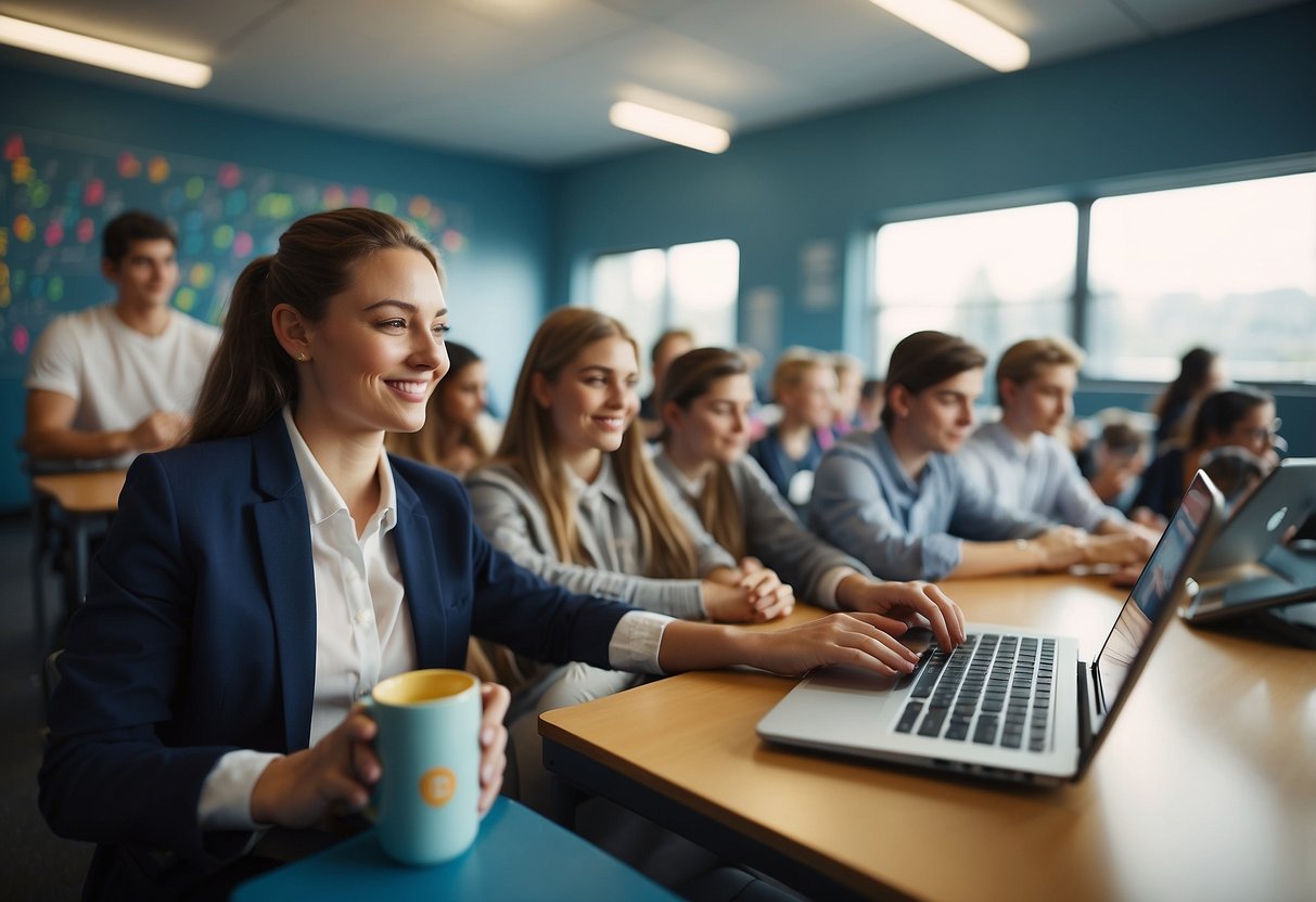 A colorful classroom setting with students engaged in learning about cryptocurrency and financial education in the 21st century