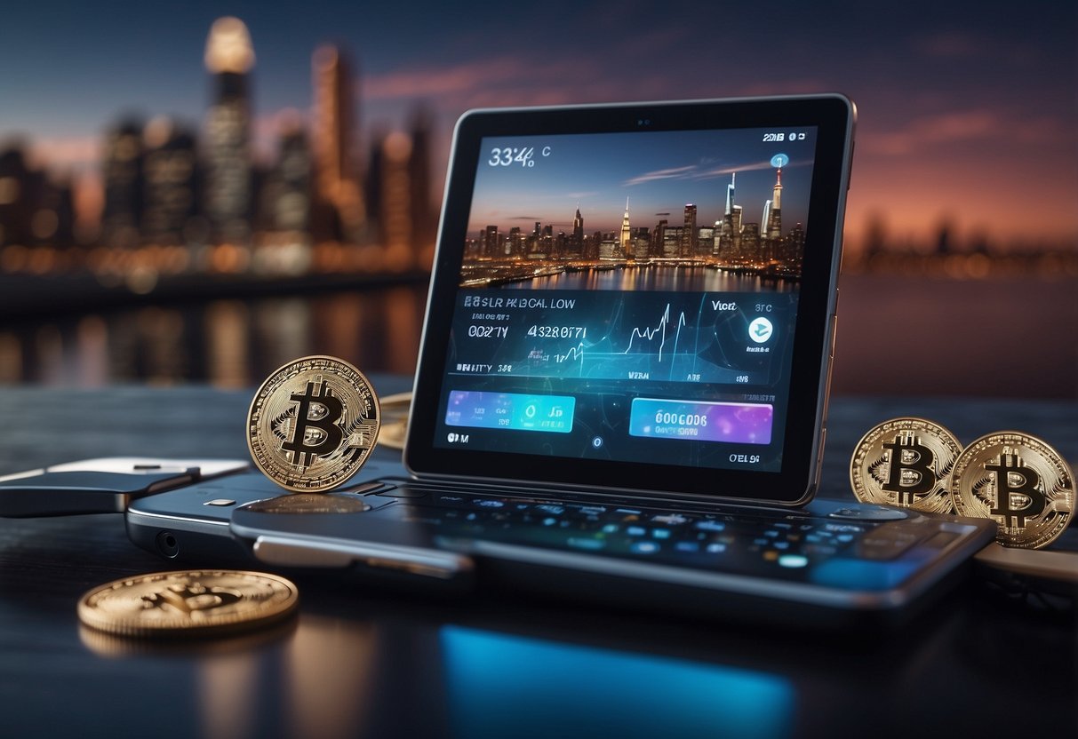 A digital wallet surrounded by various cryptocurrencies, with educational materials and a futuristic cityscape in the background