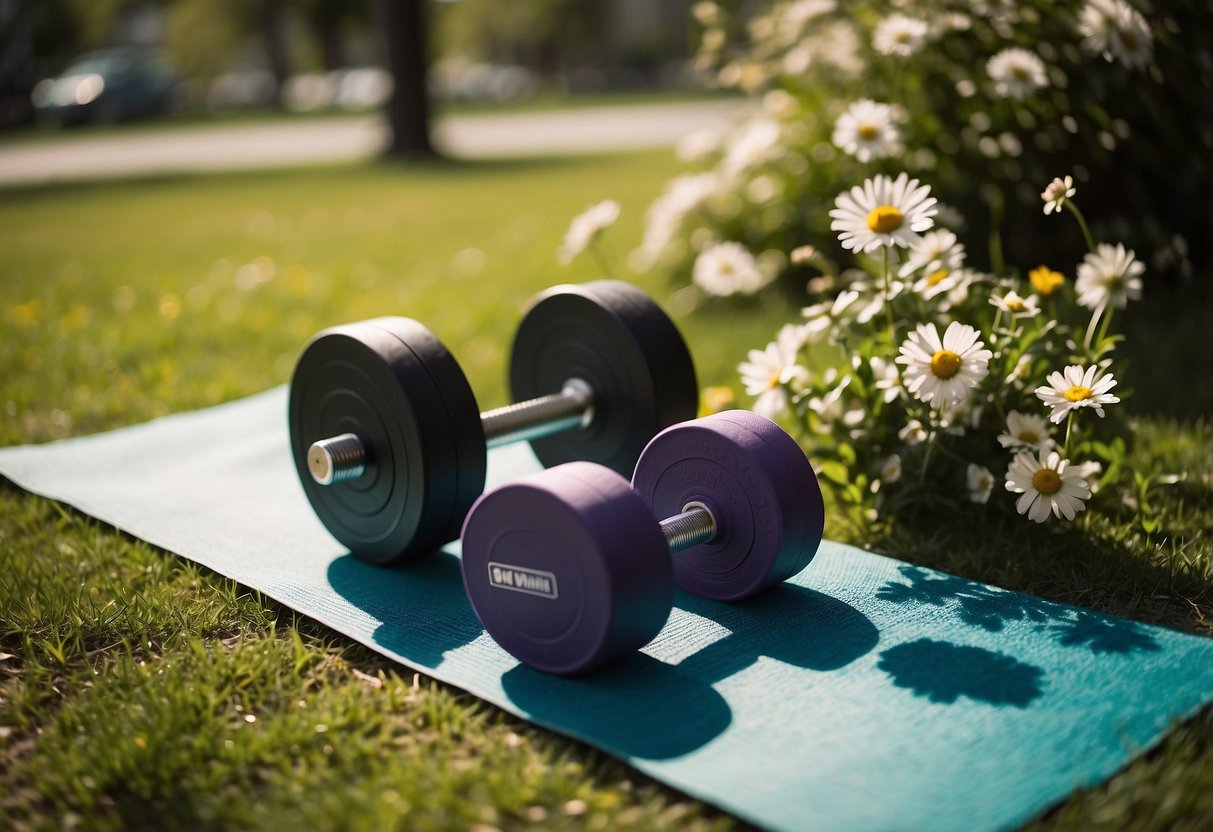 A sunny park with a grassy area, surrounded by blooming flowers and trees. Dumbbells, resistance bands, and a yoga mat are spread out on the ground, ready for a workout