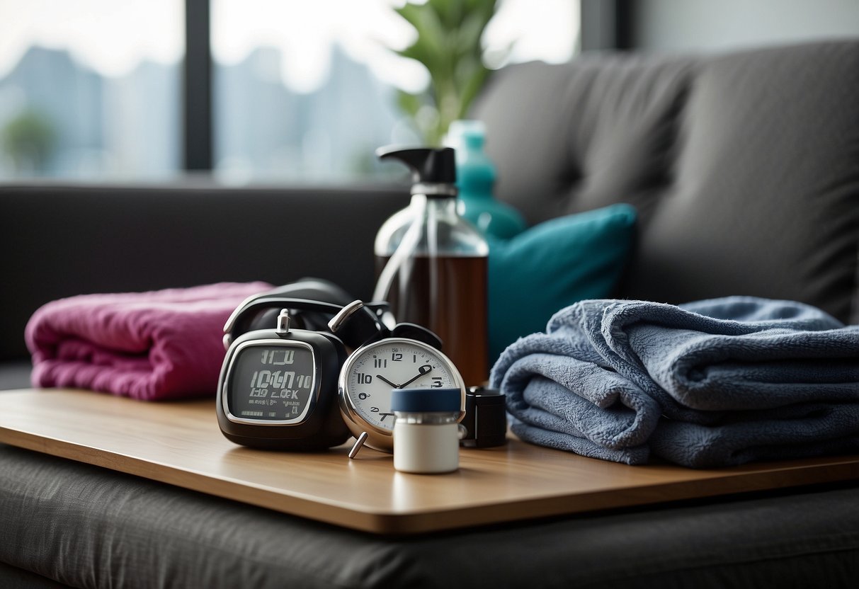 Workout gear laid out neatly on a bed or chair, water bottle and towel nearby, alarm clock set for early morning