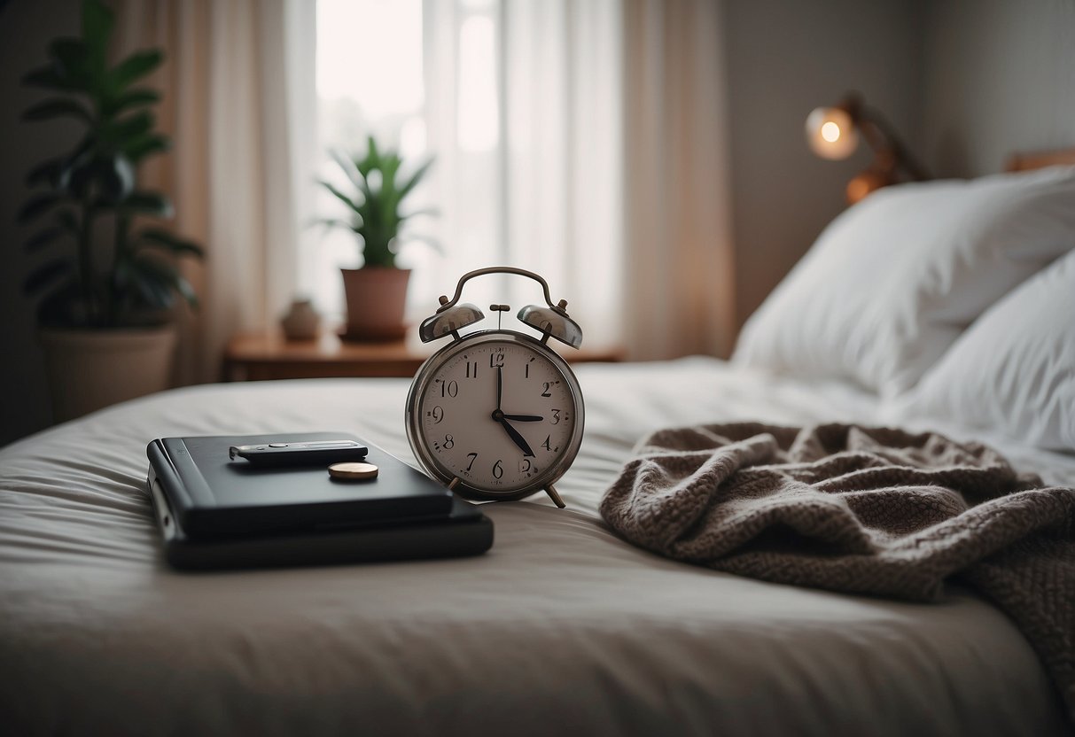A cozy bedroom with a clock showing an early bedtime, workout clothes laid out, and a serene atmosphere conducive to rest