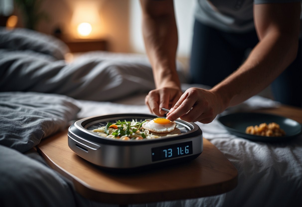 A person preparing a light dinner, setting an alarm clock, and placing workout clothes by the bed