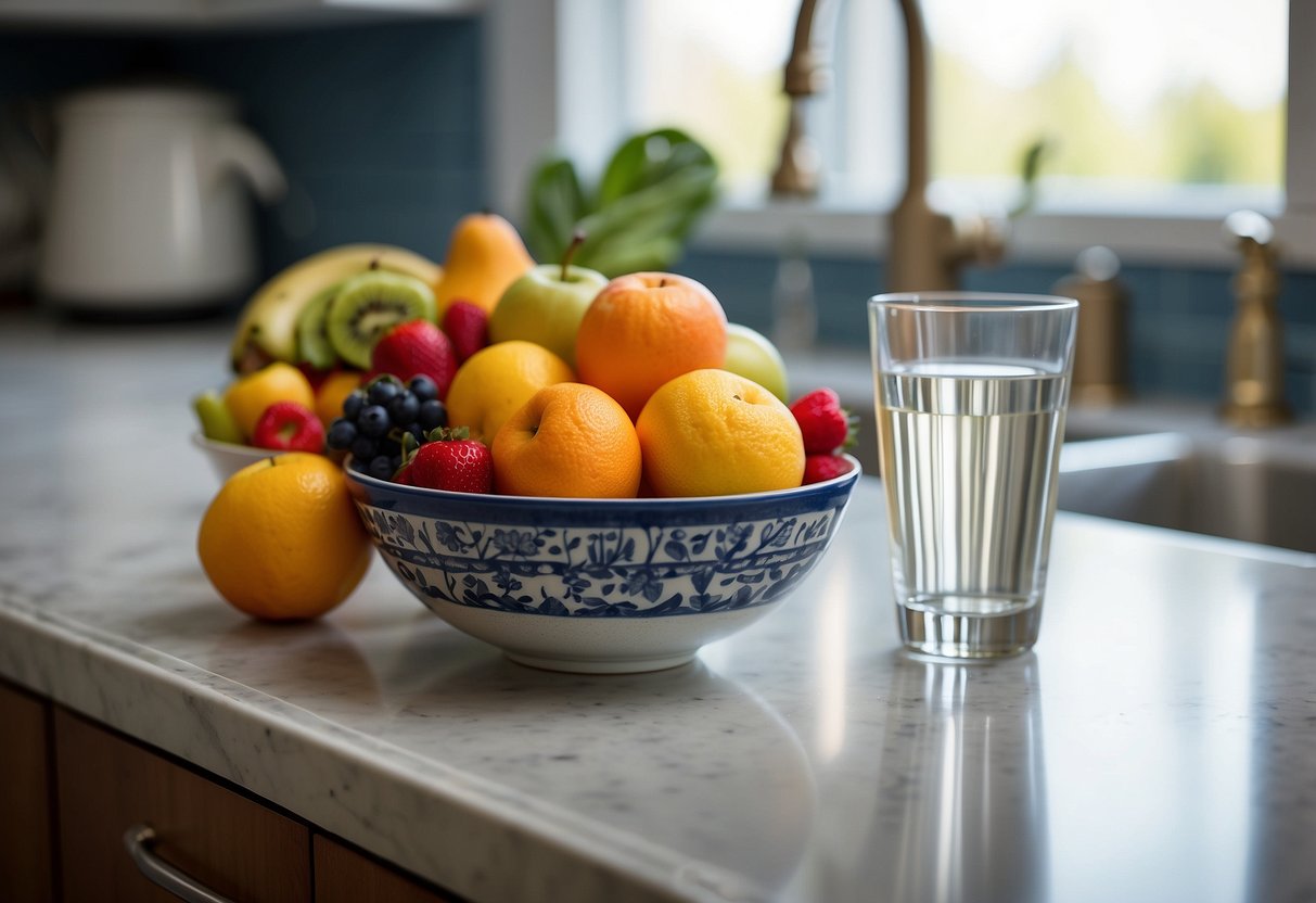 A bowl of fresh fruit and a glass of water on a clean, organized kitchen counter