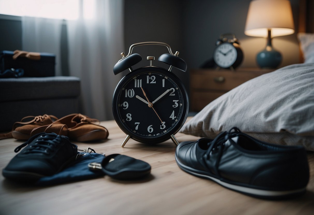 A bedroom with an alarm clock placed across the room from the bed, with workout clothes and shoes laid out nearby
