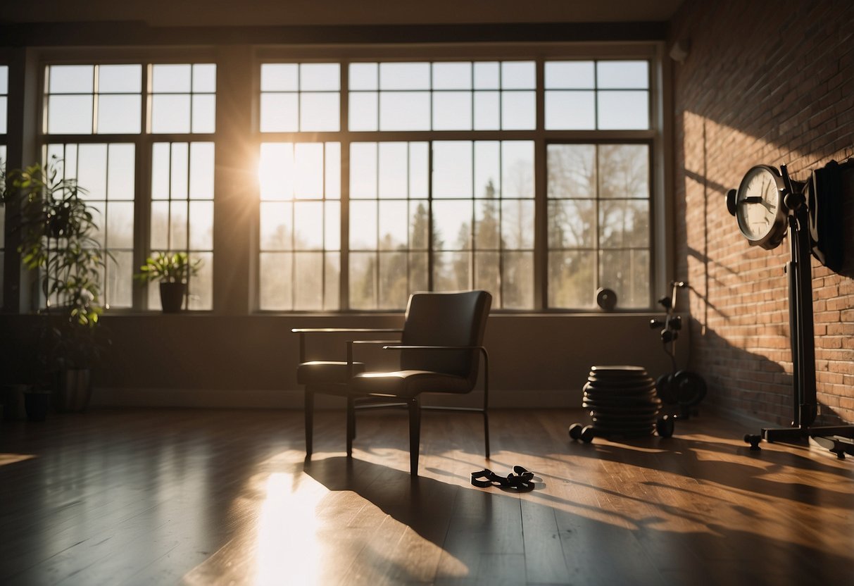A workout plan hangs on a wall, next to a clock set for early morning. Sunlight streams through a window, illuminating the room