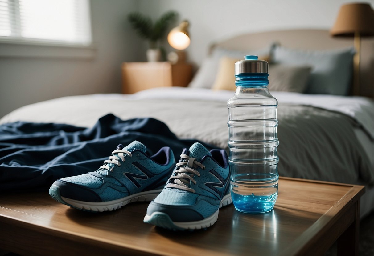 A water bottle next to a bed, a clock showing an early hour, and a pair of running shoes ready to go