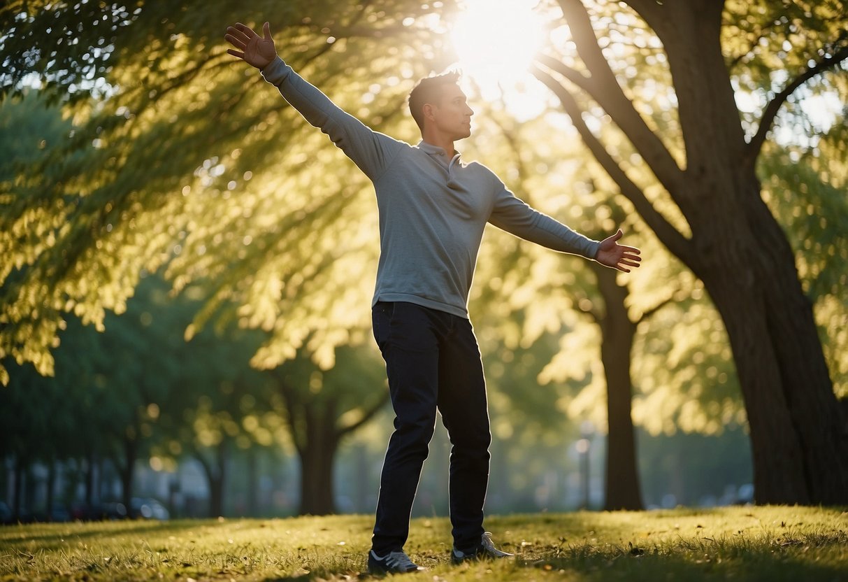 A figure stretches in a park, bending at the waist and reaching for toes. Sunlight filters through the trees