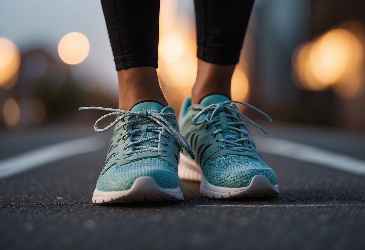 A person's feet in workout shoes, with a phone playing music