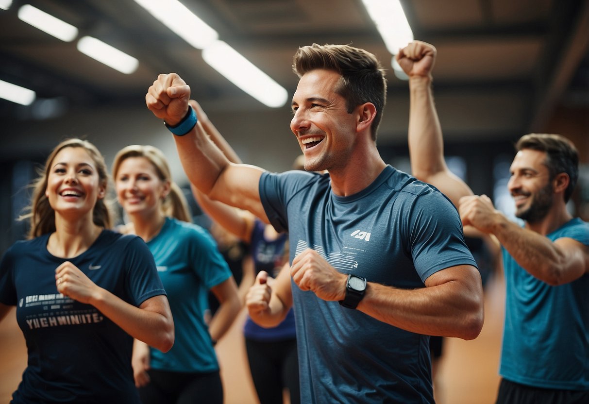A group of people exercising together, cheering each other on, with motivational quotes and images displayed on the walls
