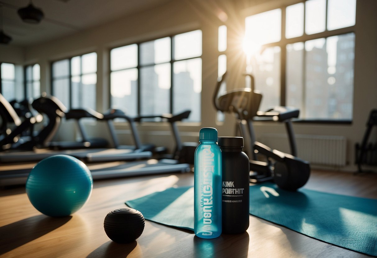 A bright, organized workout space with motivational posters, a water bottle, and exercise equipment neatly arranged. Sunshine streams through a window, casting a warm glow on the room