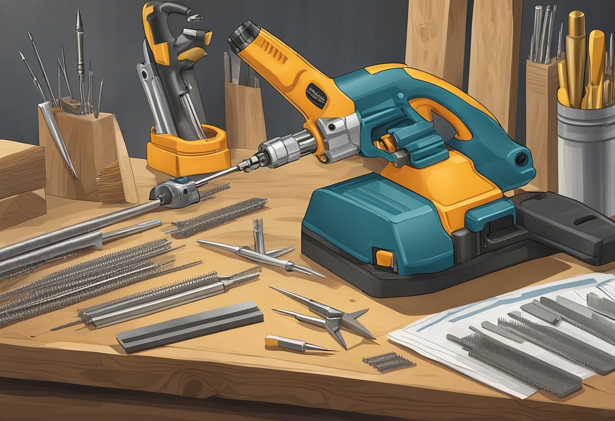 A hand holding a nail gun, surrounded by various types of nails and a guidebook on a workbench