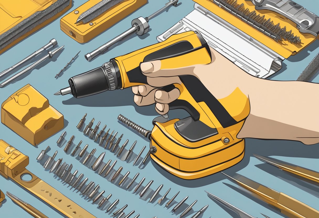 A hand holding a nail gun, surrounded by various types of nails, with a detailed guidebook open beside it