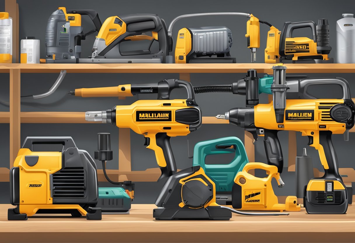 A row of nail guns connected to air compressors and battery packs on a workbench