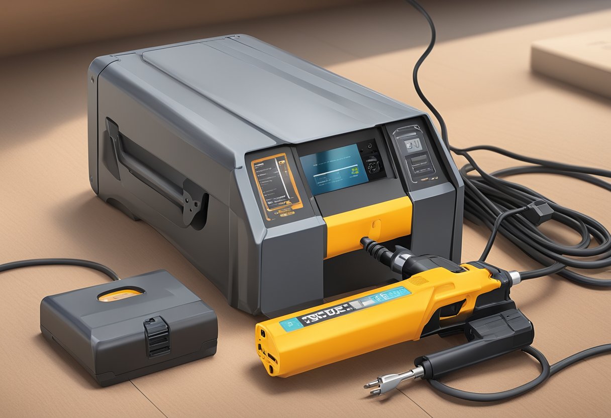 A nail gun plugged into a grounded power source with safety lock engaged. Nearby, a fully charged battery pack sits on a designated charging station