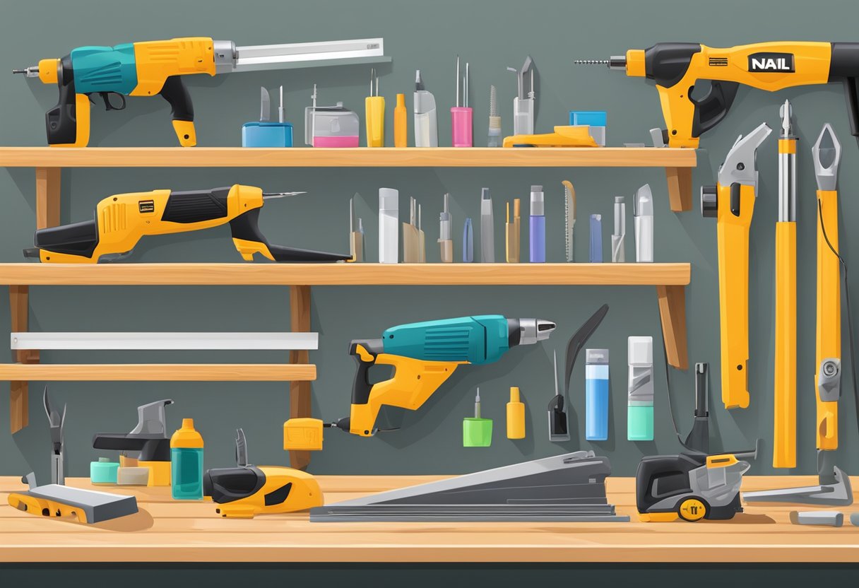 A variety of nail guns arranged neatly on a workbench, with maintenance tools and cleaning supplies nearby