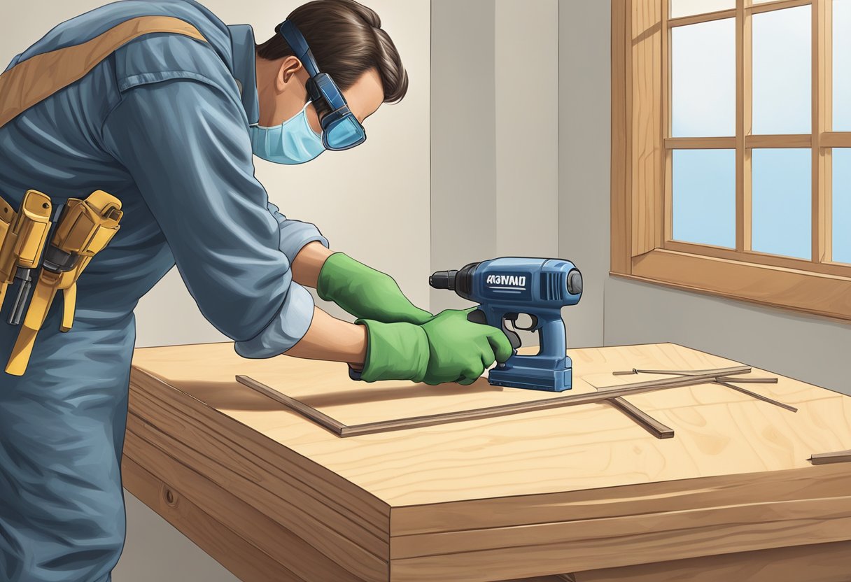 A person wearing safety goggles and gloves while using a nail gun. The gun is pointed away from the body and towards the target surface