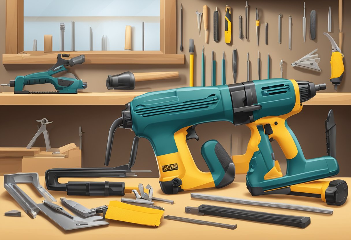 A variety of nail guns arranged on a workbench, with safety goggles and ear protection nearby. An instruction manual and safety guidelines posted on the wall