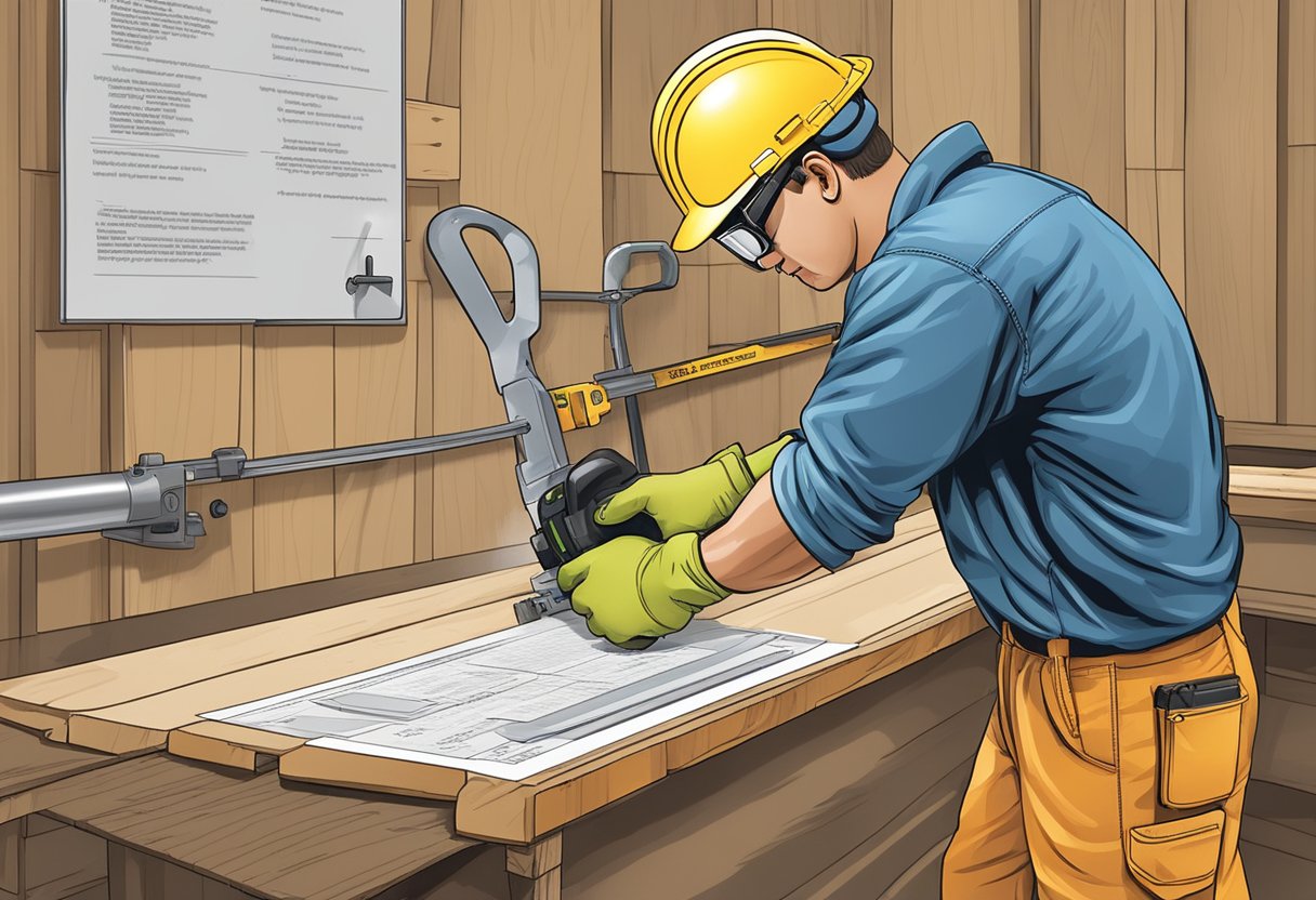 A worker wearing safety goggles and gloves operates a nail gun with proper hand positioning and angle, while a sign in the background lists emergency procedures and safety precautions