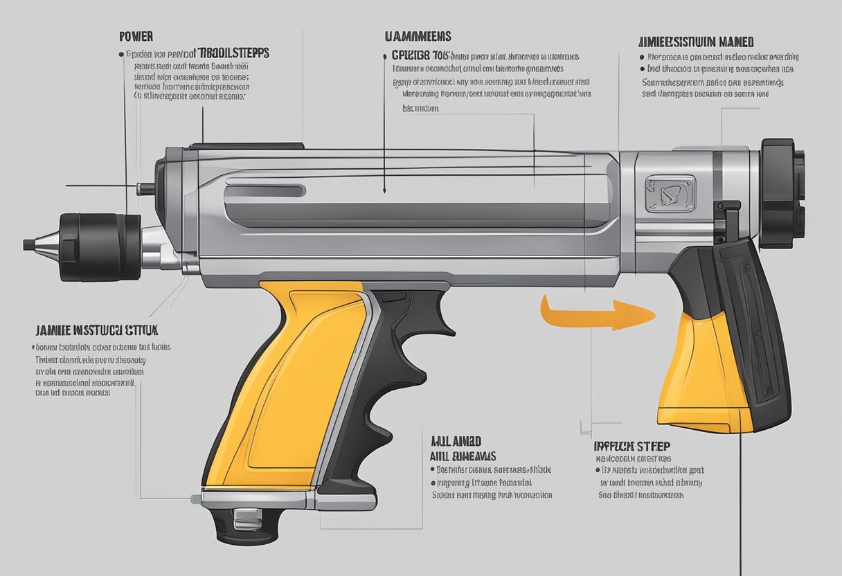 Nail gun jammed, trigger stuck, air leaks. Troubleshooting steps: check power source, clear jammed nails, inspect trigger mechanism