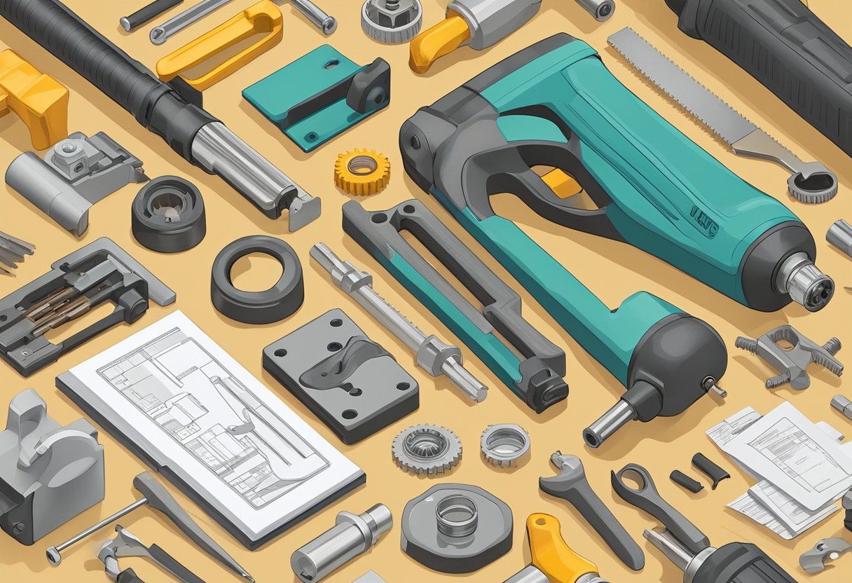 A nail gun sits on a workbench, surrounded by various tools and spare parts. A manual is open to a troubleshooting page, with a list of common problems and their solutions