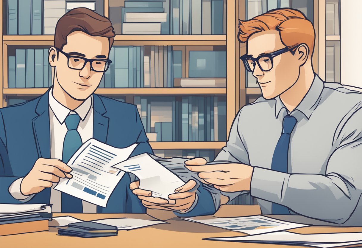 Two loan officers compare documents side by side, pointing out key differences between a DSCR loan and a conventional loan