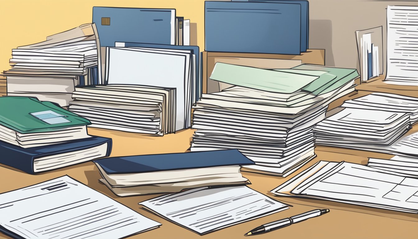 A stack of official documents arranged neatly on a desk, with various forms and paperwork related to time of contribution