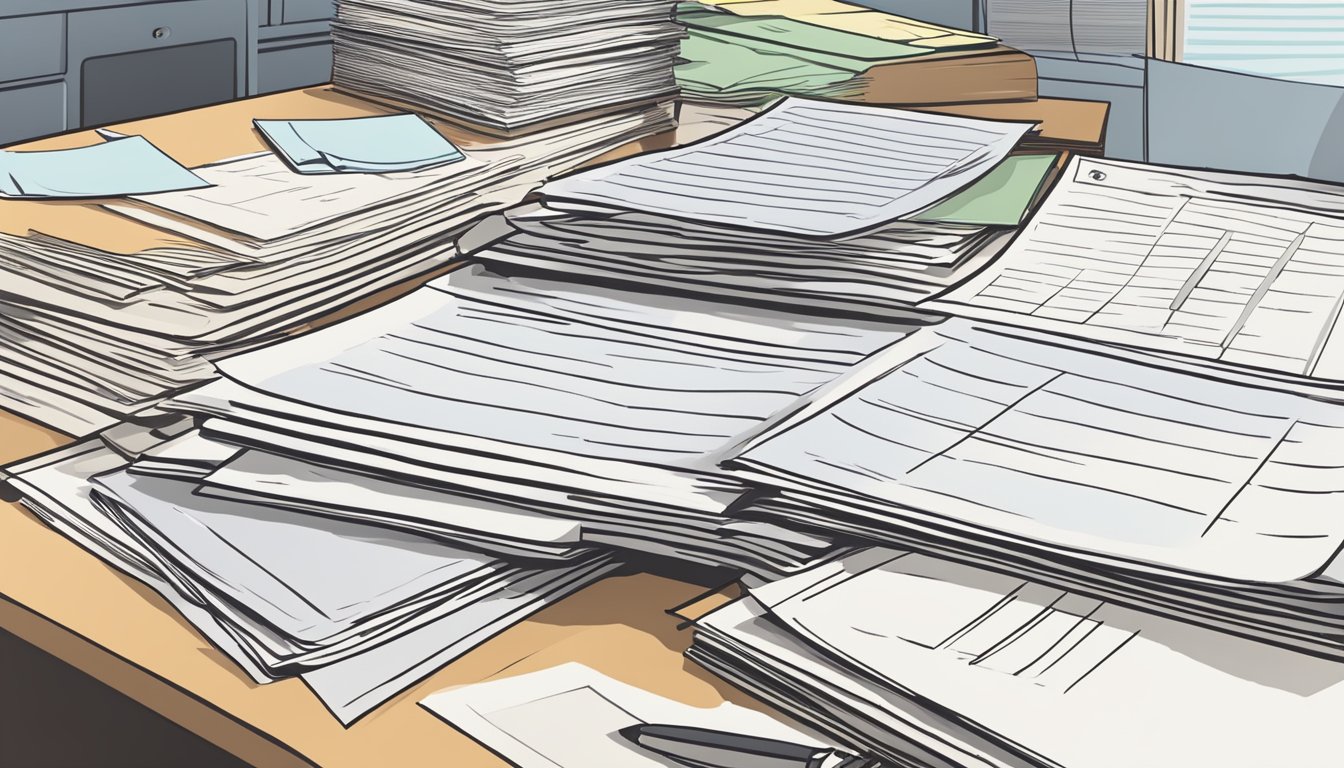 A stack of official documents and forms, including a time sheet and identification papers, laid out on a desk for verification