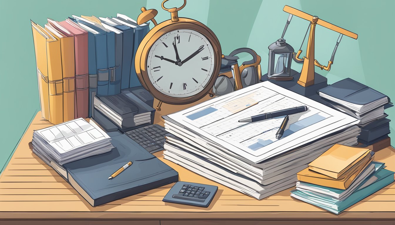 A stack of time-related documents arranged on a desk, including a clock, calendar, and various forms and records