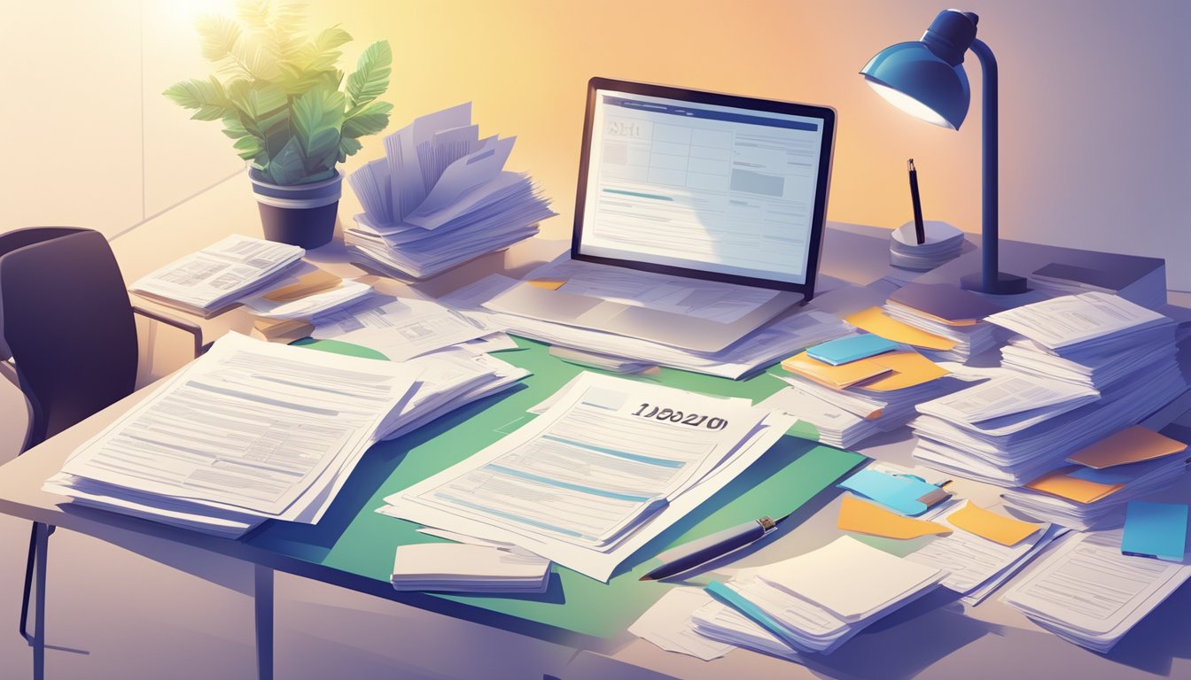 A desk with scattered documents, including tax forms and time records, under a bright light