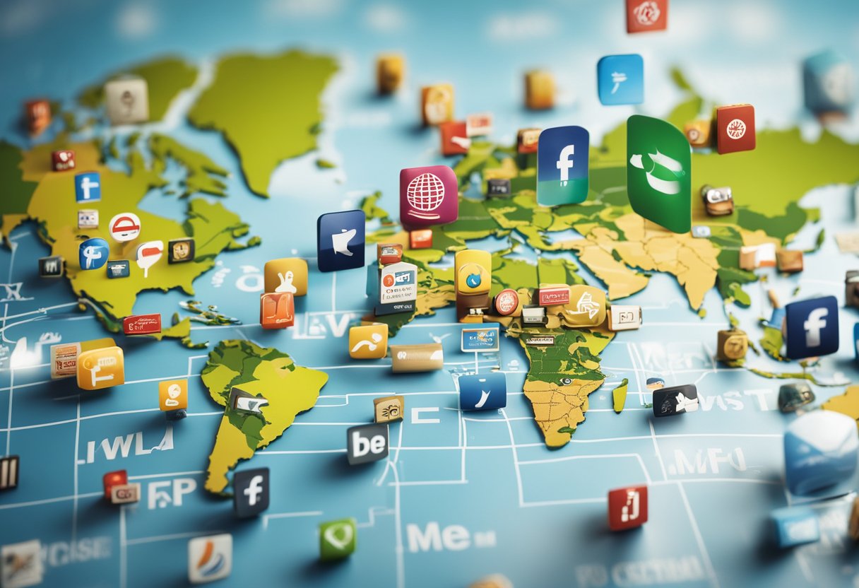 A global map with product logos spreading across continents, surrounded by digital marketing icons and international currency symbols