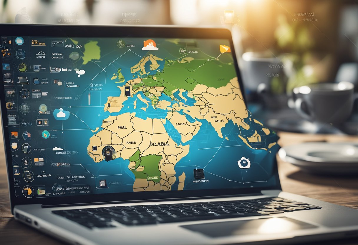 A laptop displaying a global map with targeted countries, surrounded by digital marketing tools like social media icons, SEO keywords, and email campaigns