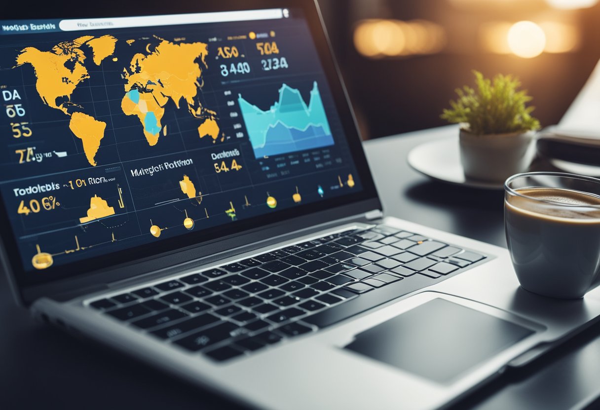 A laptop displaying a marketing dashboard with global metrics. Tools like SEO, social media, and email marketing surround it