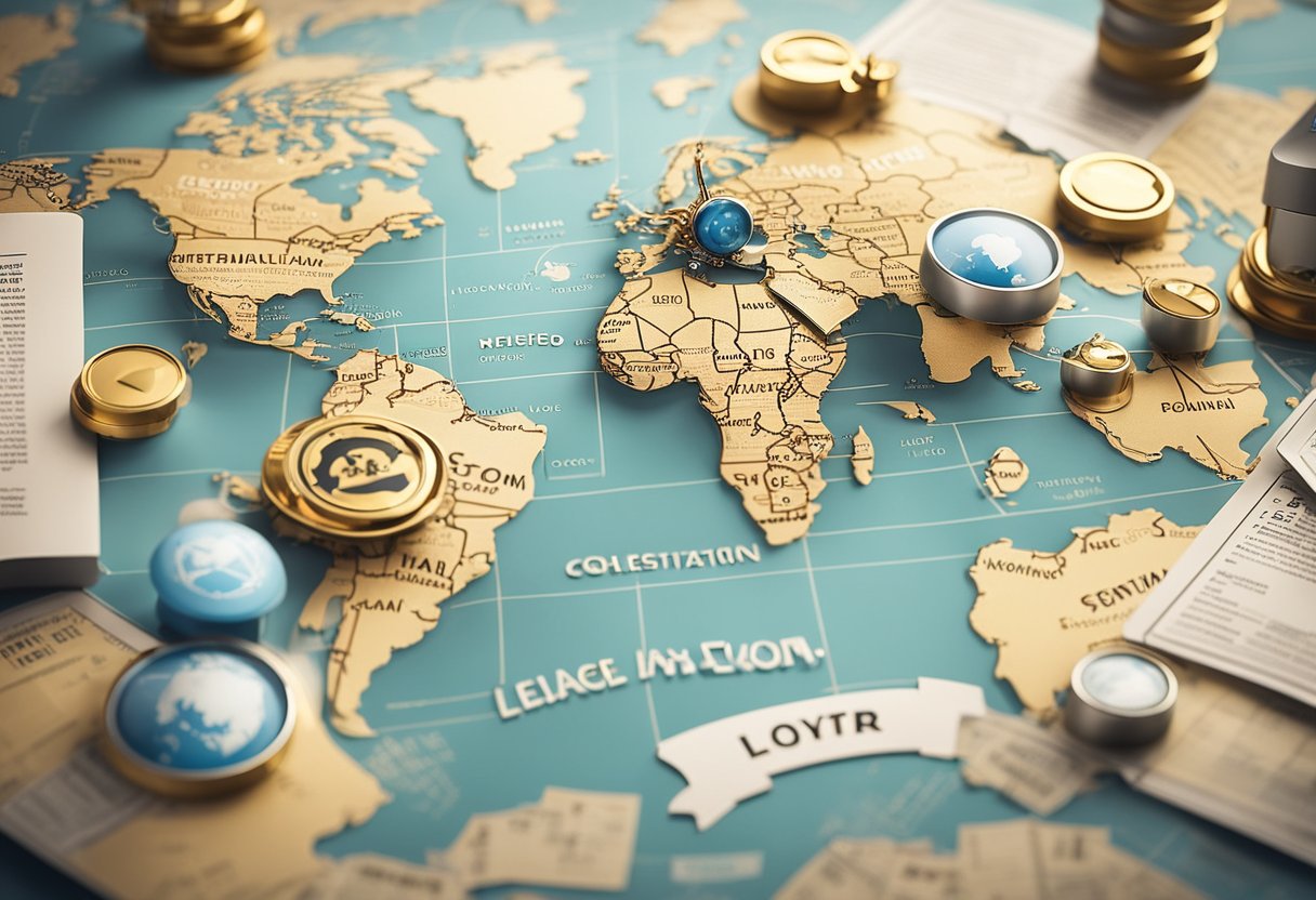 A global map with digital marketing icons, legal documents, and international trade regulations