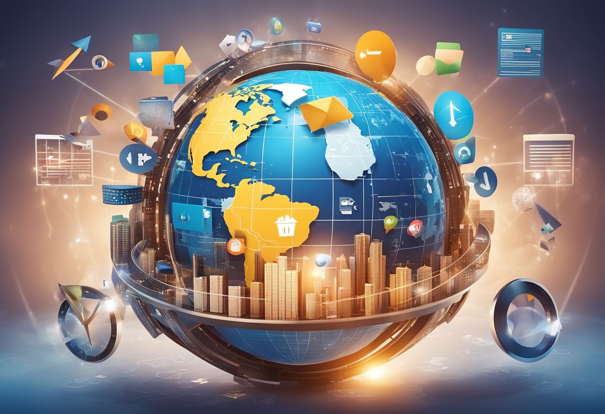 A colorful globe surrounded by digital marketing tools and symbols, with arrows pointing towards it from different countries