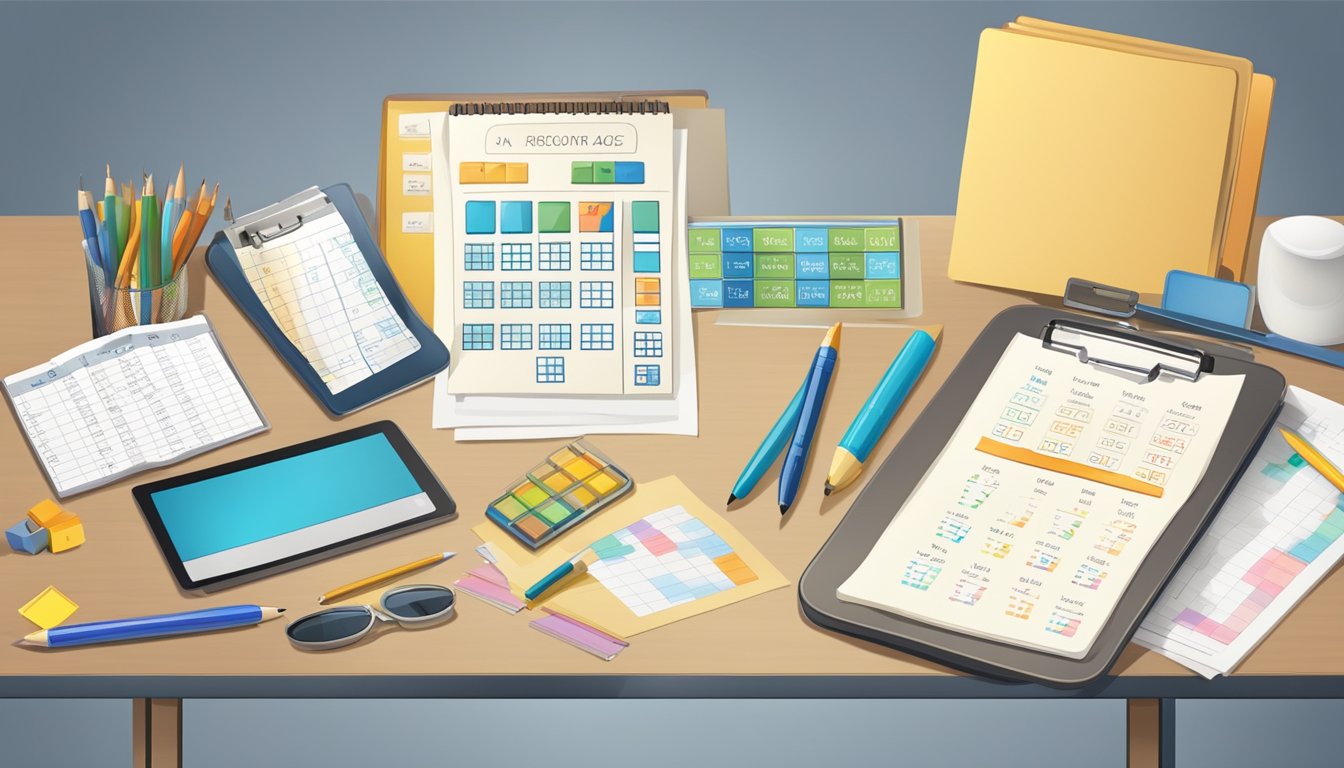 A table with various planning tools and stages, including charts, calendars, and diagrams, with a minimum age requirement sign