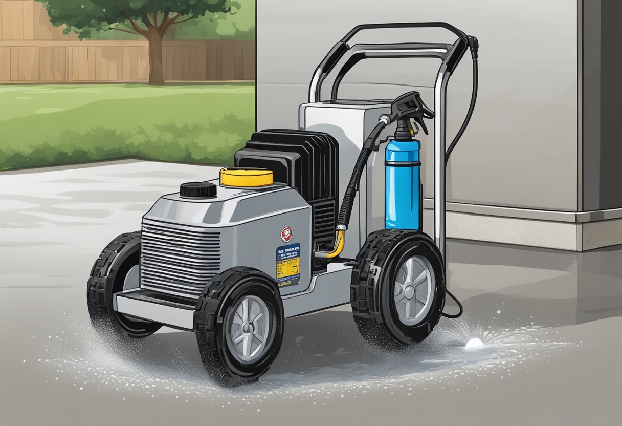 A power washer blasts dirt off a concrete surface, water droplets flying in all directions. The PSI gauge on the machine reads a high pressure level