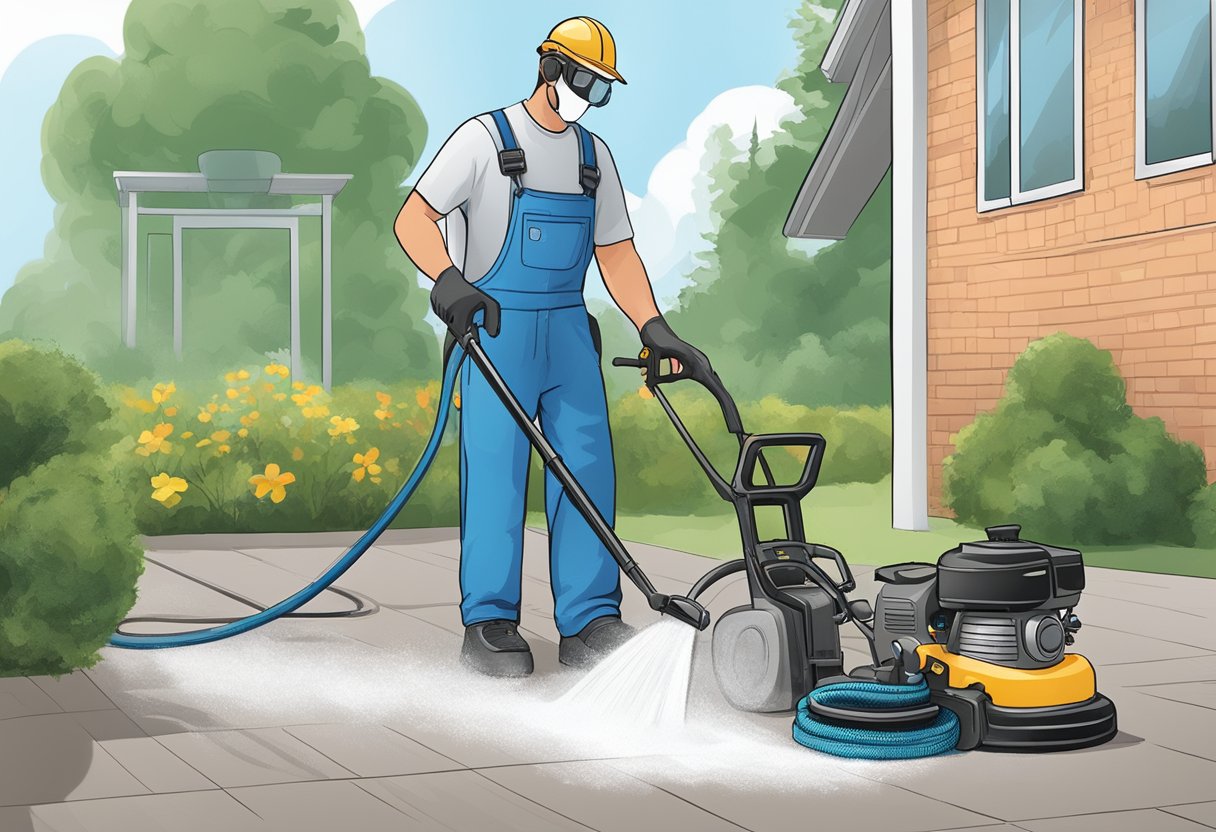 A power washer with high PSI is being used to clean a surface. Safety gear such as goggles and gloves are being worn