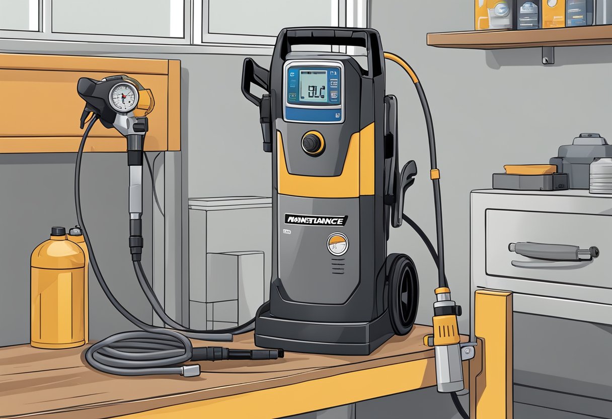 A power washer sits on a clean, well-lit workbench. A pressure gauge displays the optimal PSI setting. A maintenance manual is open nearby
